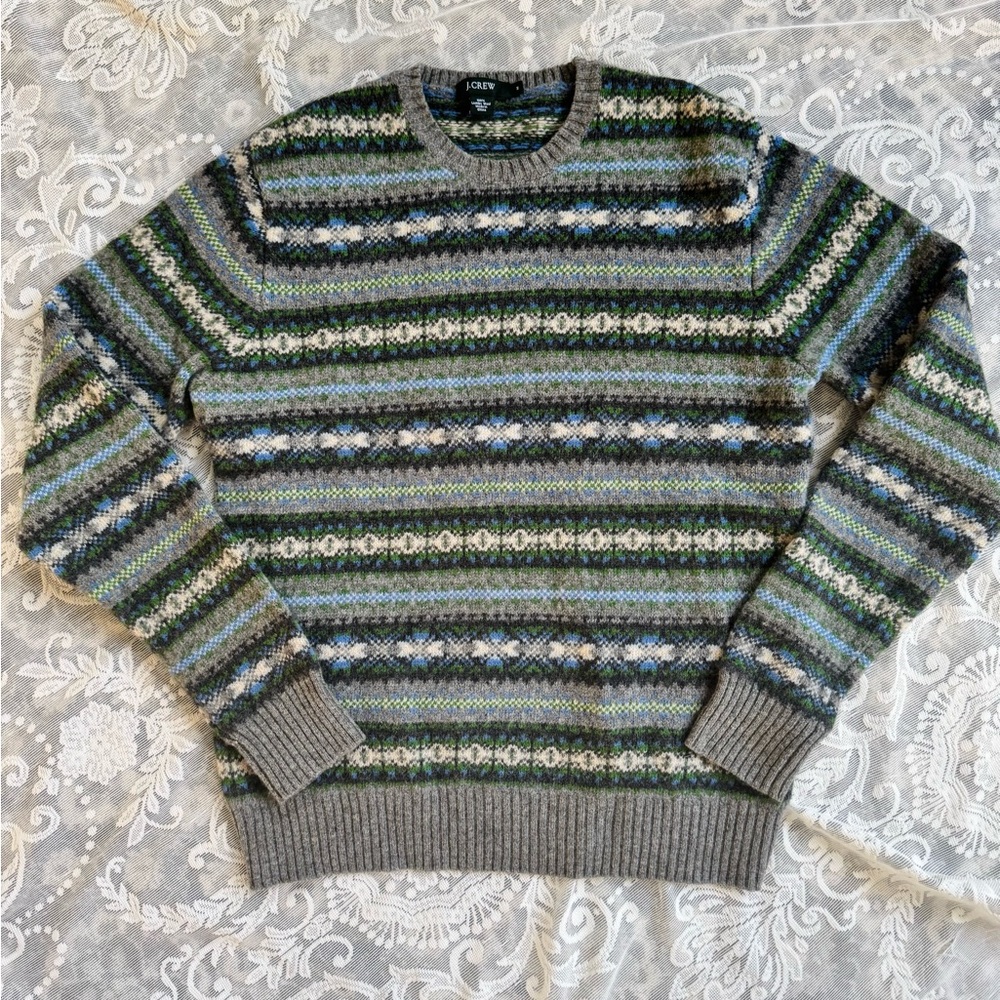 J. Crew Men's Fair Isle Crewneck Sweater - Green, Blue, Gray